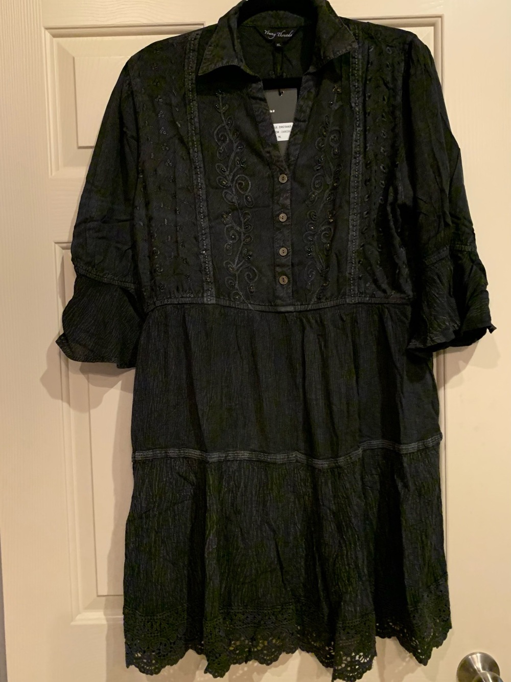 Charcoal Eyelet Midi Dress with Button Placket